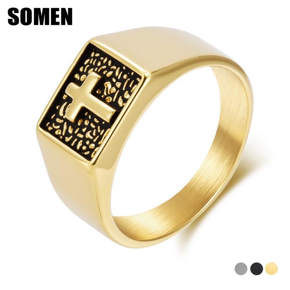 Mens Signet Ring - Somen Vintage Paslanmaz Çelik Çapraz Mühür