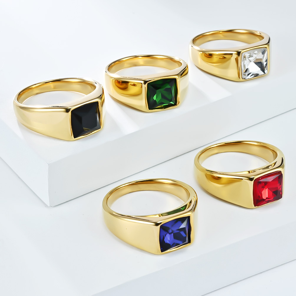Mens Signet Ring - Paslanmaz Çelik Parlak Zirkon Kare Gem