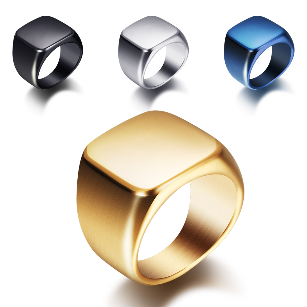 Mens Signet Ring - Ücretsiz kazımayı yeni gümüş/altın/siyah/mavi kare büyük