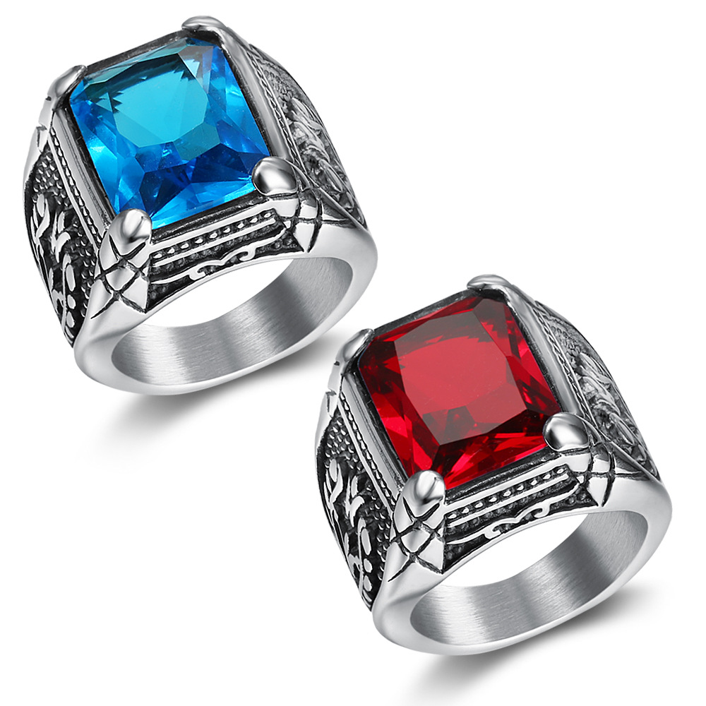 Mens Signet Ring - Gümüş renk erkekler kırmızı mavi yarı